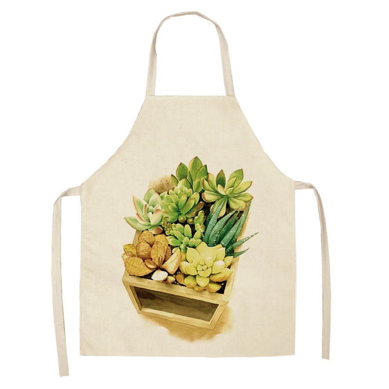1Pc Tropical Plants Cactus Kitchen Chef Apron for Women Home Cooking Baking Coffee Shop Cotton Linen Cleaning Aprons