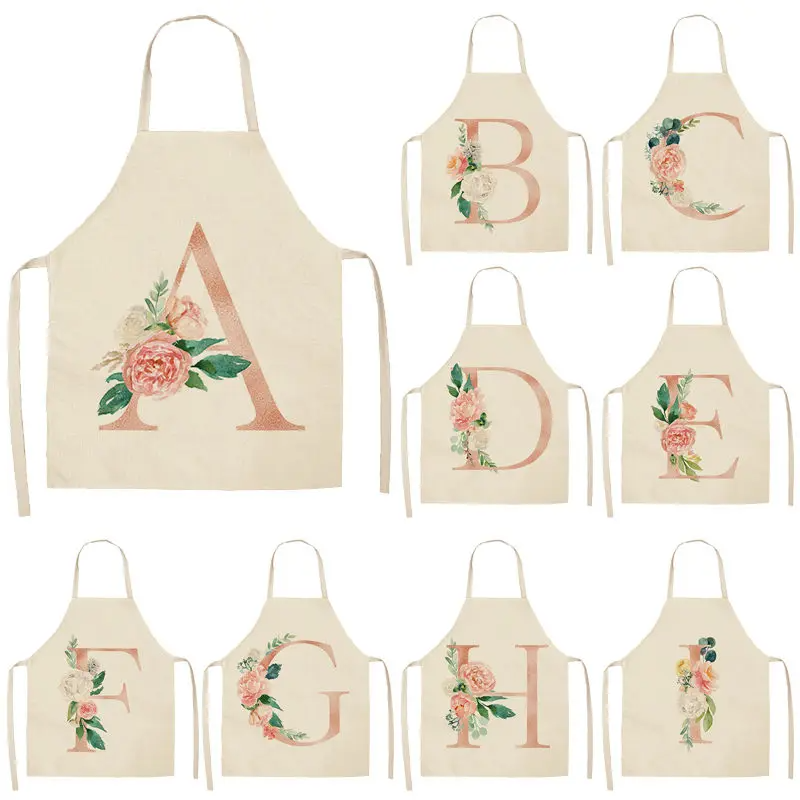 1Pcs Pink Letter Flower Kitchen Aprons for Women Cotton Linen Bibs Household Cleaning Pinafore Home Cooking Apron