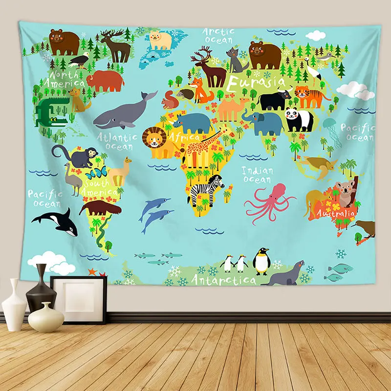 Animals World Map Tapestry Wall Hanging Large Kids Educational Landmarks World Map Tapestry Kindergarten Children's Room Decor