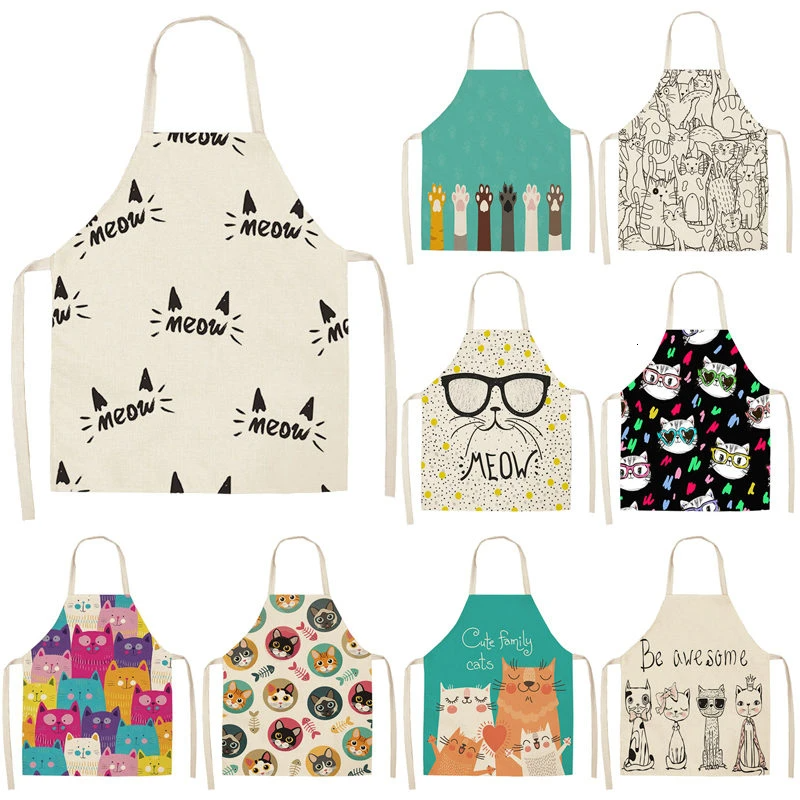 Lovely Cartoon Cats Kitchen Aprons for Women Cotton Linen Bibs Household Cleaning Pinafore Home Cooking Apron