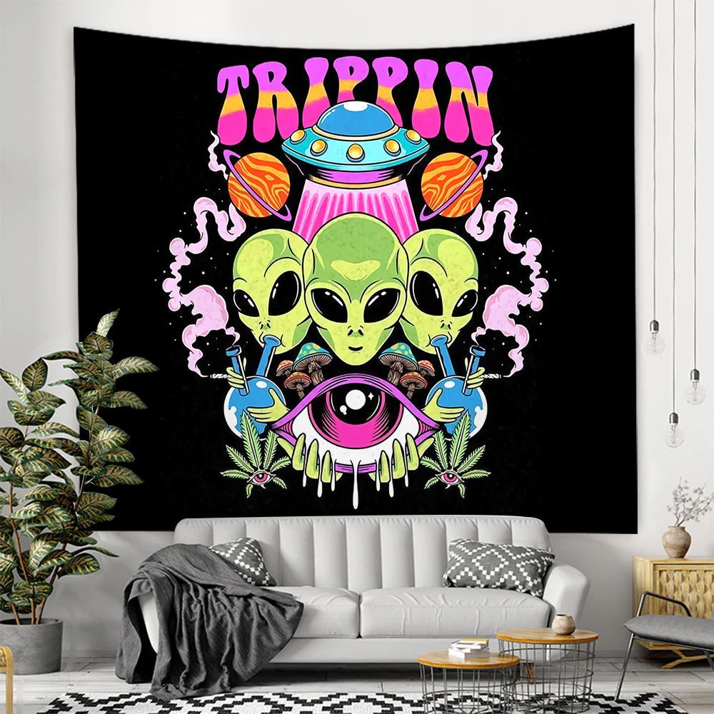 Alien Black Tapestry Cartoon Illustration Hippie Art Mushroom Eye Wall Hanging Tapestries for Living Room Home Dorm Decor Cloth