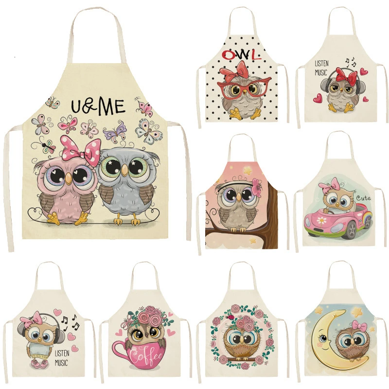 1Pcs Owl Sleeveless Chef Apron Cotton Linen Flower Printed Kitchen Brief Pinafore Women Home Cooking Baking Waist Bib