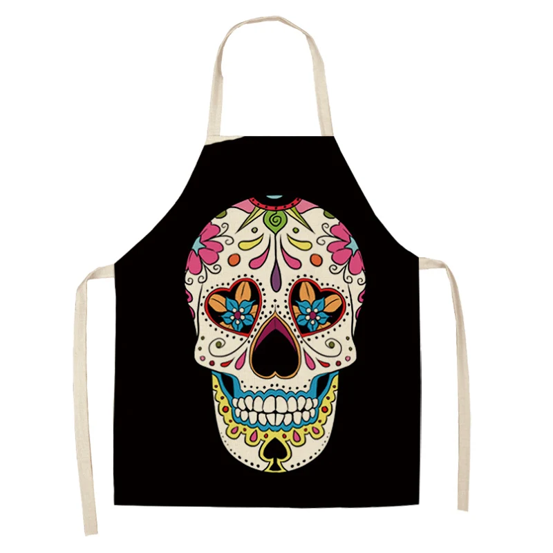1Pcs Skull Pattern Kitchen Apron for Cooking Sleeveless Cotton Linen Aprons Adult Bibs Home Cleaning Accessories