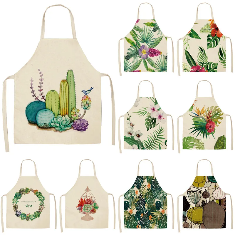 1Pc Tropical Plants Cactus Kitchen Chef Apron for Women Home Cooking Baking Coffee Shop Cotton Linen Cleaning Aprons