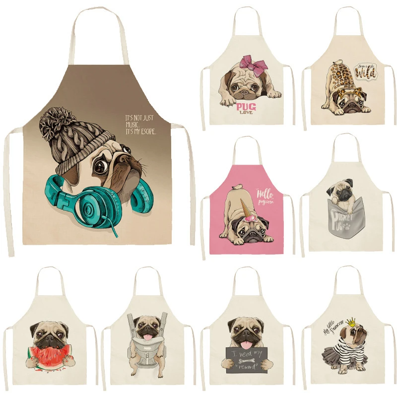 Cute Dog Pug Pattern Cotton Linen Sleeveless Chef Apron Kitchen Aprons Women Home Cooking Baking Waist Bib Pinafore