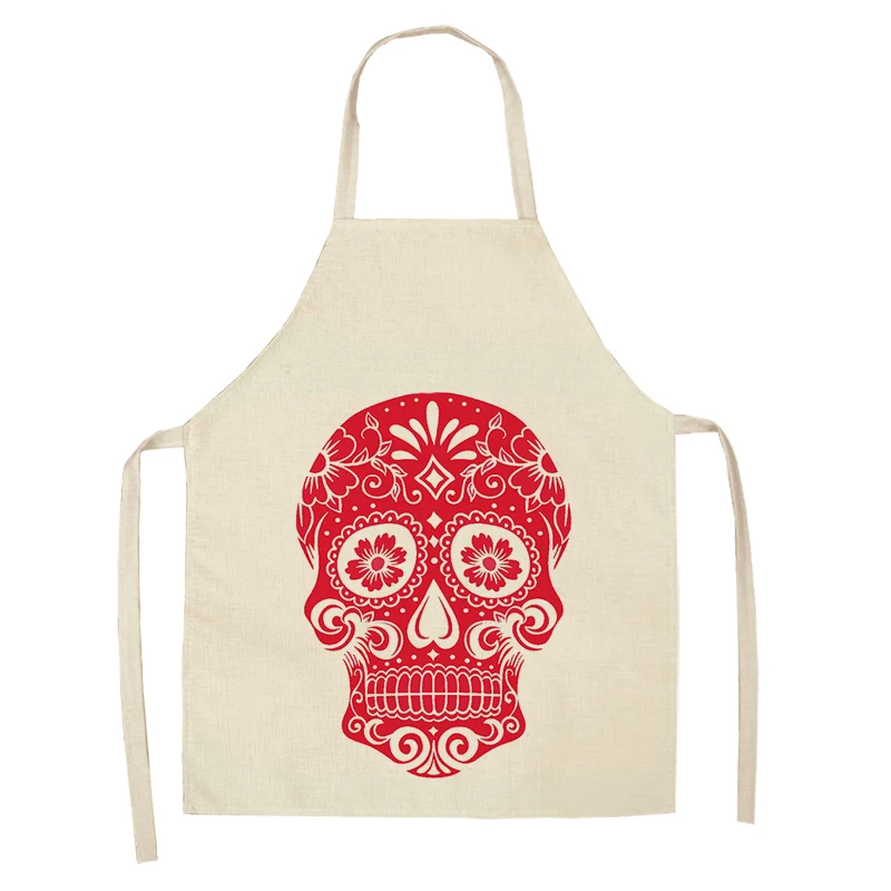 Skull Pattern Kitchen Apron for Cooking Sleeveless Cotton Linen Aprons Adult Bibs Home Cleaning Accessories