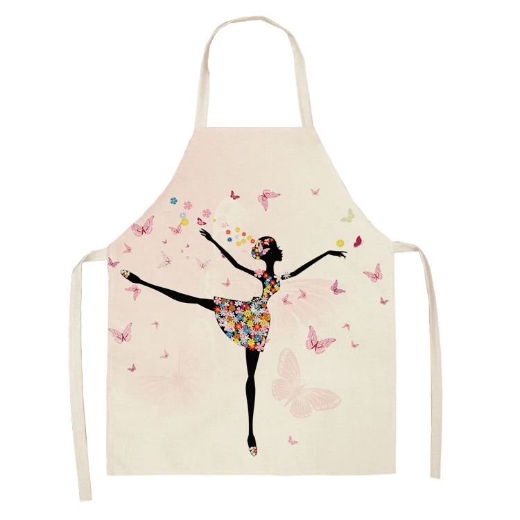 1Pc Cotton Linen Flower Butterfly Girl Printed Kitchen Aprons for Women Home Cooking Baking Waist Bib Pinafore