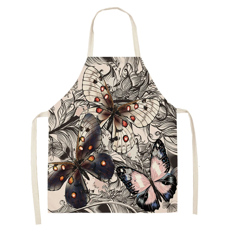 1PC Cotton Baking Waist Bib Linen Flower Butterfly Printed Kitchen Sleeveless Chef Apron Women Home Cooking Pinafore