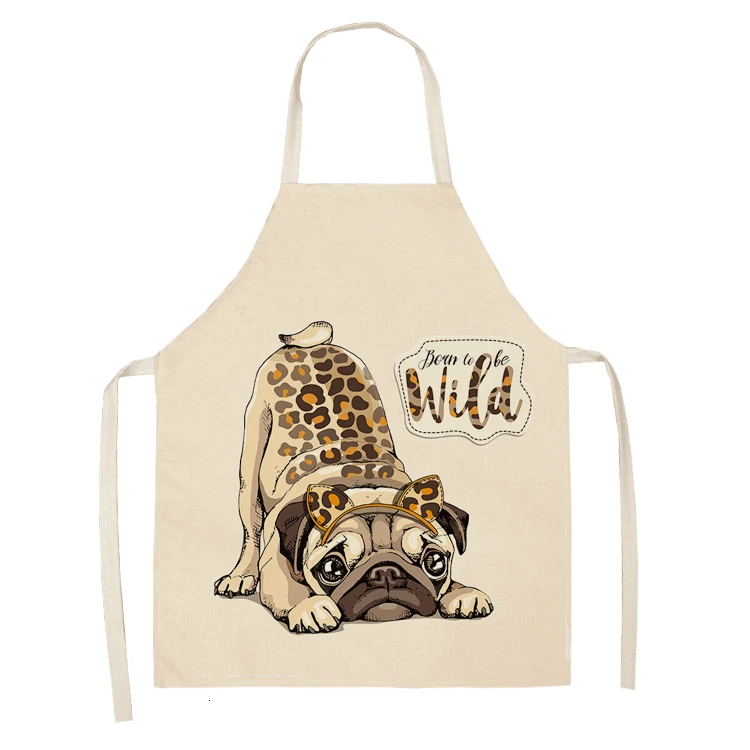 Cute Dog Pug Pattern Cotton Linen Sleeveless Chef Apron Kitchen Aprons Women Home Cooking Baking Waist Bib Pinafore