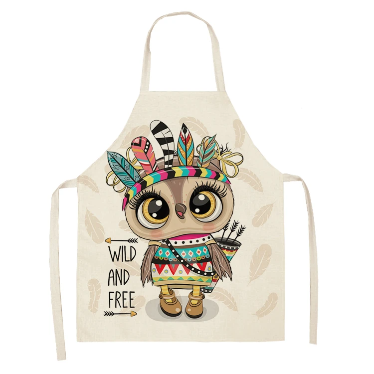 1Pcs Owl Sleeveless Chef Apron Cotton Linen Flower Printed Kitchen Brief Pinafore Women Home Cooking Baking Waist Bib