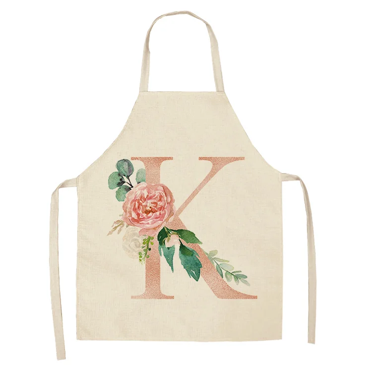 1Pcs Pink Letter Flower Kitchen Aprons for Women Cotton Linen Bibs Household Cleaning Pinafore Home Cooking Apron