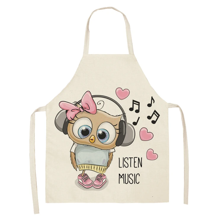 1Pcs Owl Sleeveless Chef Apron Cotton Linen Flower Printed Kitchen Brief Pinafore Women Home Cooking Baking Waist Bib