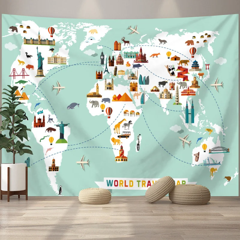 Animals World Map Tapestry Wall Hanging Large Kids Educational Landmarks World Map Tapestry Kindergarten Children's Room Decor