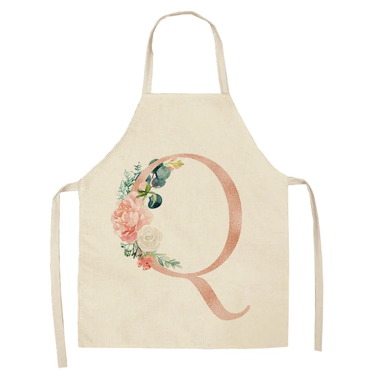 1Pcs Pink Letter Flower Kitchen Aprons for Women Cotton Linen Bibs Household Cleaning Pinafore Home Cooking Apron
