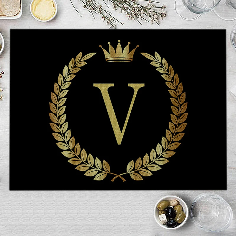 Home Decor Black Gold Letter Printing Linen Placemat for Dining Table Drink Coaster Home Decoration Modern Kitchen Cup Pads