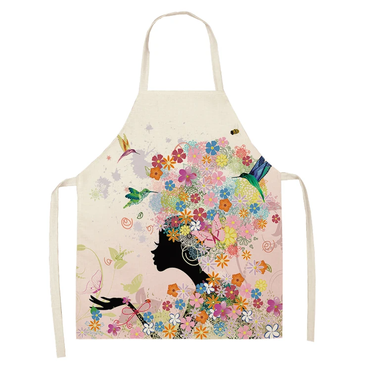 1Pc Cotton Linen Flower Butterfly Girl Printed Kitchen Aprons for Women Home Cooking Baking Waist Bib Pinafore