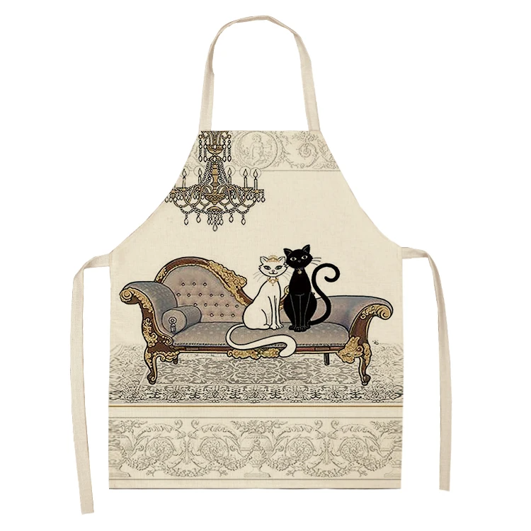 1Pc Kitchen Apron Cute Cartoon Cat Printed Sleeveless Cotton Linen Chef Aprons for Men Women Home Cleaning Tools