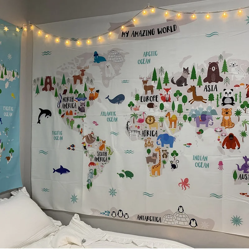 Animals World Map Tapestry Wall Hanging Large Kids Educational Landmarks World Map Tapestry Kindergarten Children's Room Decor
