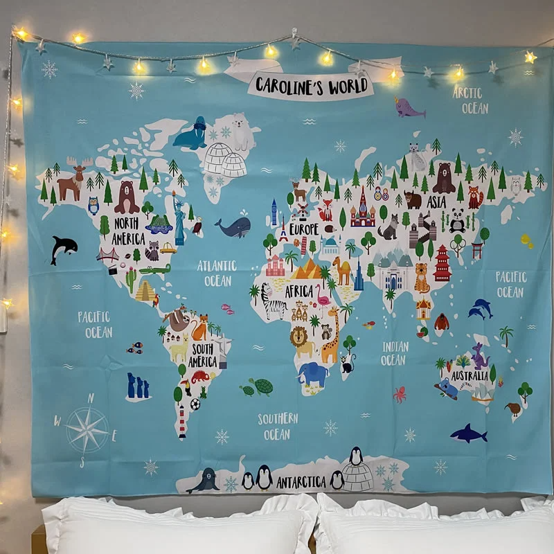 Animals World Map Tapestry Wall Hanging Large Kids Educational Landmarks World Map Tapestry Kindergarten Children's Room Decor