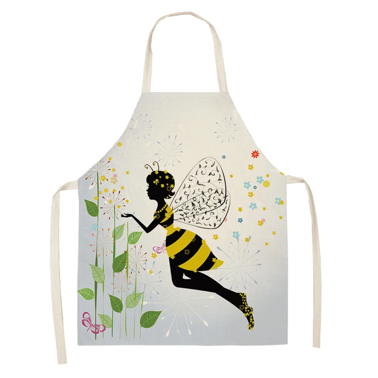 1Pc Cotton Linen Flower Butterfly Girl Printed Kitchen Aprons for Women Home Cooking Baking Waist Bib Pinafore