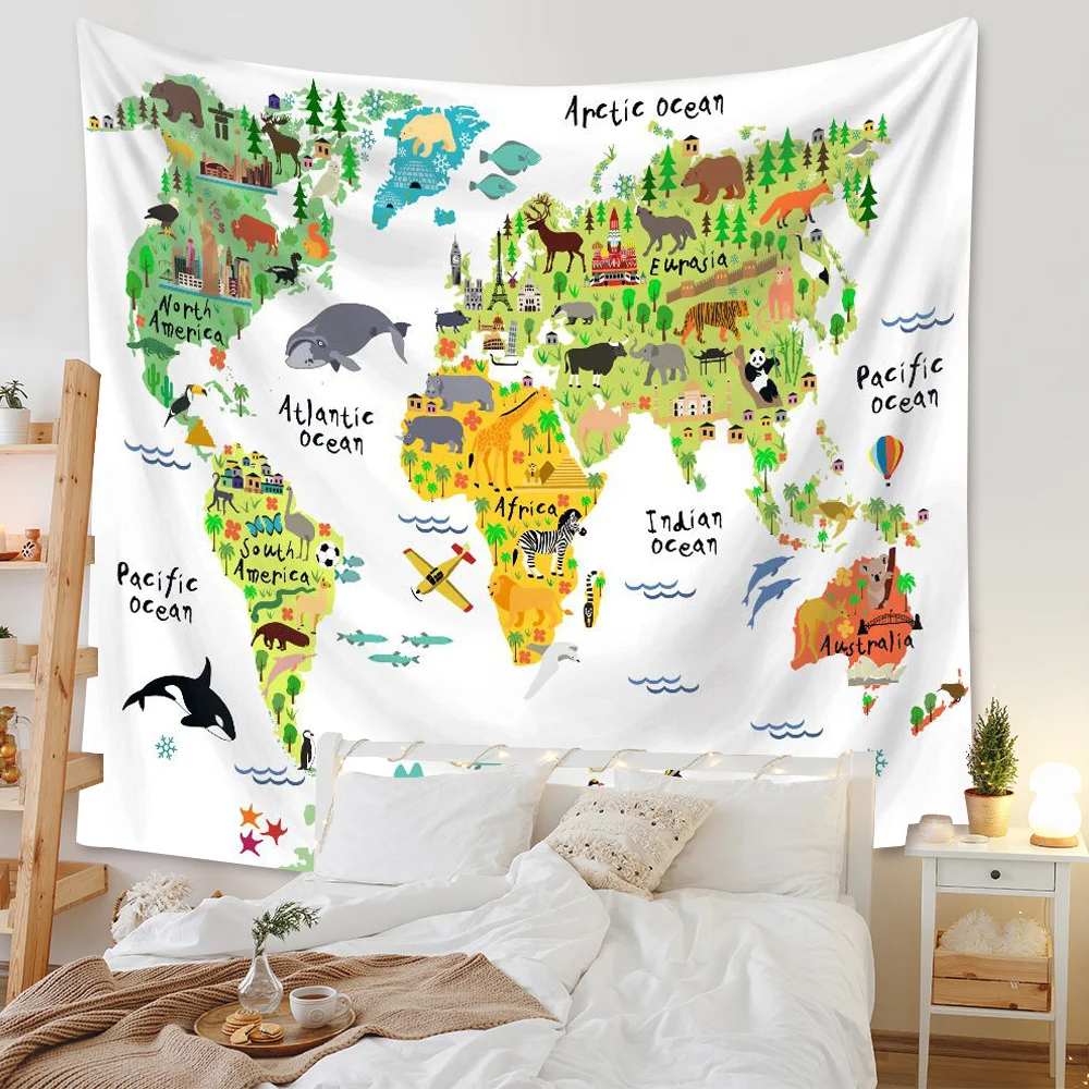 Animals World Map Tapestry Wall Hanging Large Kids Educational Landmarks World Map Tapestry Kindergarten Children's Room Decor