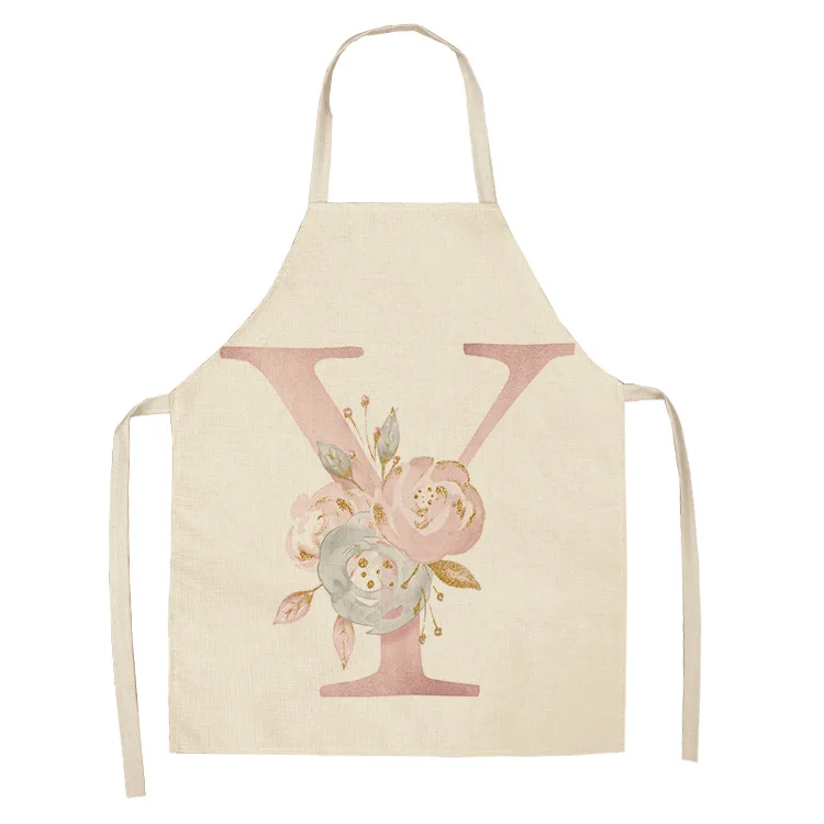 1Pc Pink Letter Flower Cotton Linen Chef Aprons Home Cooking Baking Coffee Shop Cleaning Apron Kitchen Accessories