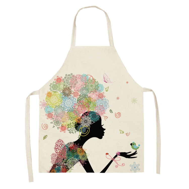 1Pc Cotton Linen Flower Butterfly Girl Printed Kitchen Aprons for Women Home Cooking Baking Waist Bib Pinafore