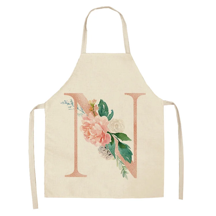 1Pcs Pink Letter Flower Kitchen Aprons for Women Cotton Linen Bibs Household Cleaning Pinafore Home Cooking Apron