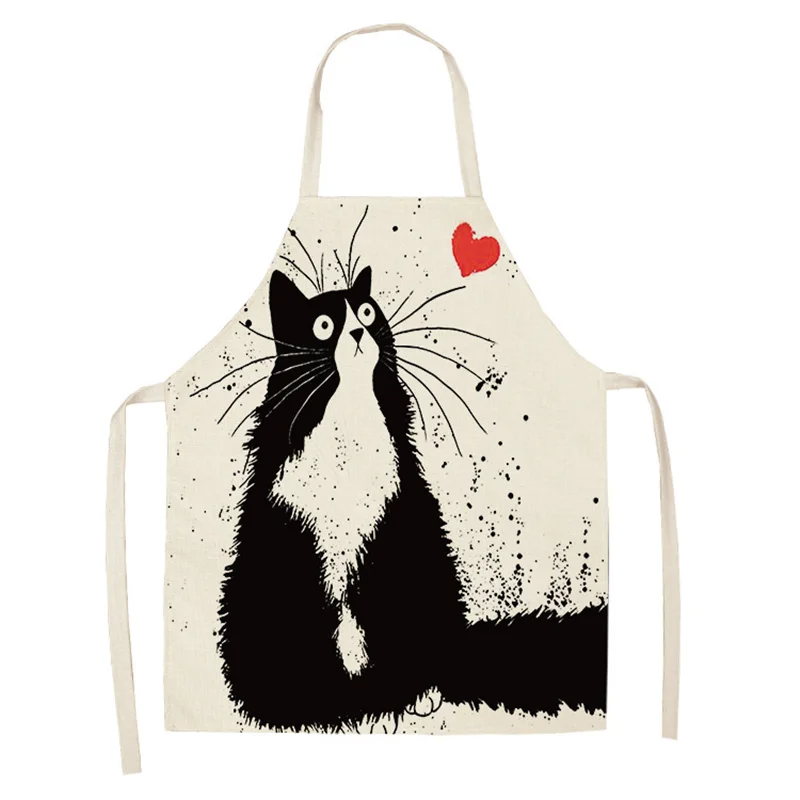 1Pc Kitchen Apron Cute Cartoon Cat Printed Sleeveless Cotton Linen Chef Aprons for Men Women Home Cleaning Tools
