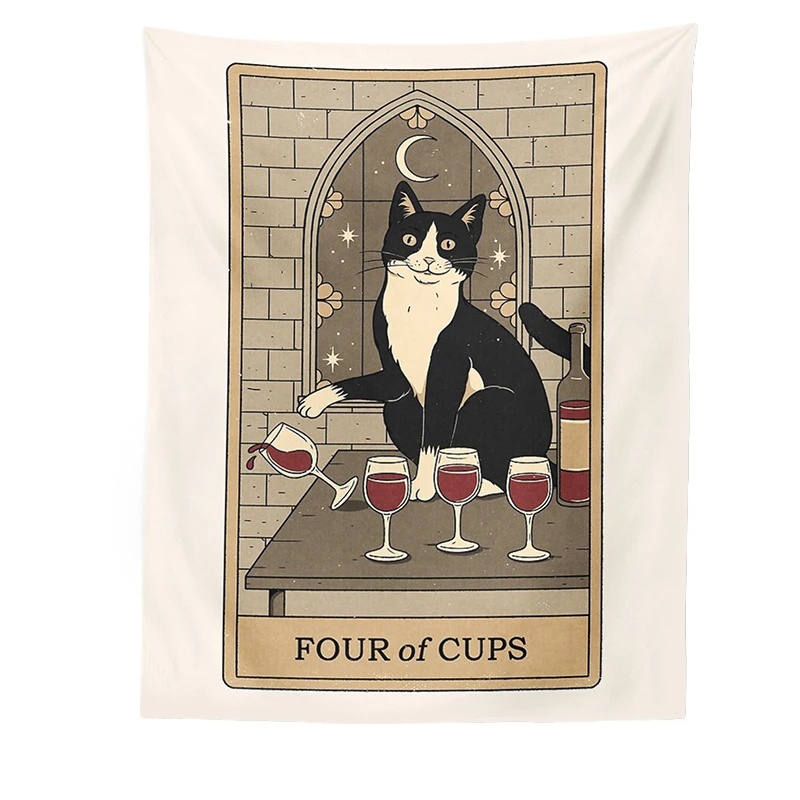Cat Divination Witchcraft Tarot Card Tapestry Wall Hanging Tapestries Baphomet Occult Home Wall Moon phase Mat Decor Cat Coven