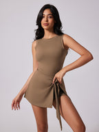 Slimming and comfortable solid-color sports one-piece set for women, anti-exposure and breathable One-piece tennis skirt with a flattering back design