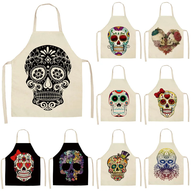 1Pcs Skull Pattern Kitchen Apron for Cooking Sleeveless Cotton Linen Aprons Adult Bibs Home Cleaning Accessories