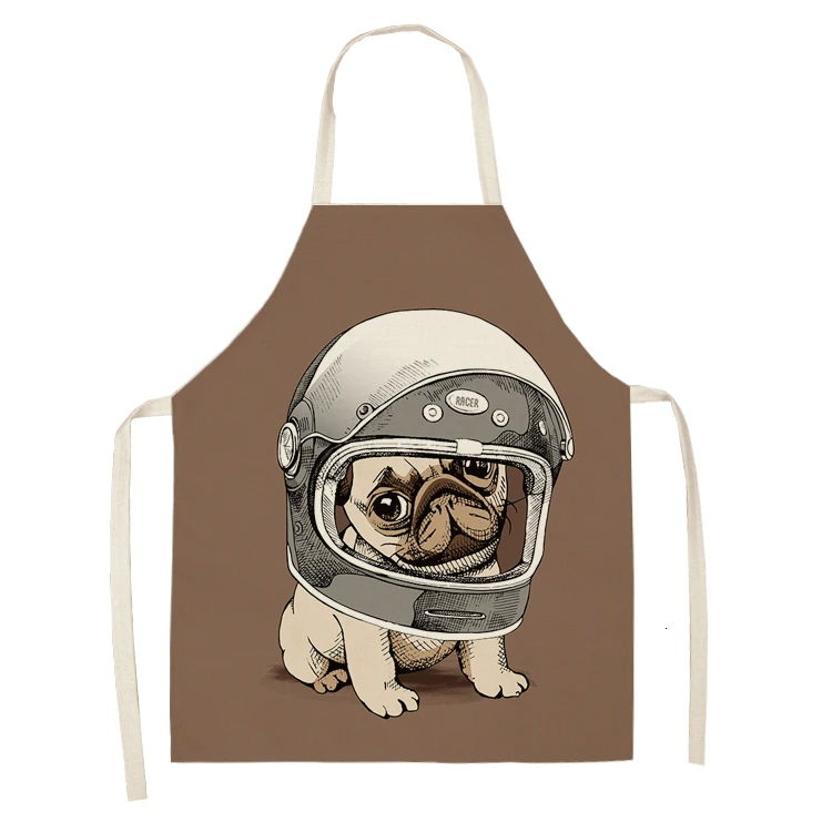 Cute Dog Pug Pattern Cotton Linen Sleeveless Chef Apron Kitchen Aprons Women Home Cooking Baking Waist Bib Pinafore