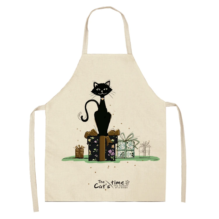 Black White Cat Letter Kitchen Aprons For Women Cotton Linen Bibs Household Cleaning Pinafore Home Cooking Apron 55x68cm