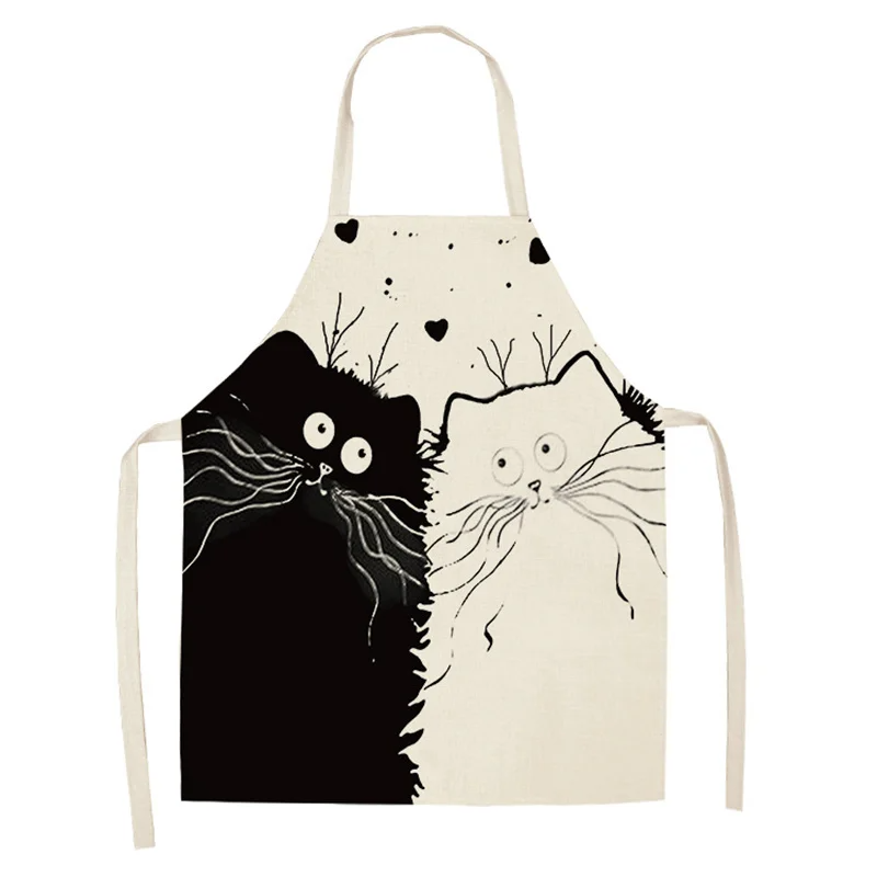 1Pc Kitchen Apron Cute Cartoon Cat Printed Sleeveless Cotton Linen Chef Aprons for Men Women Home Cleaning Tools
