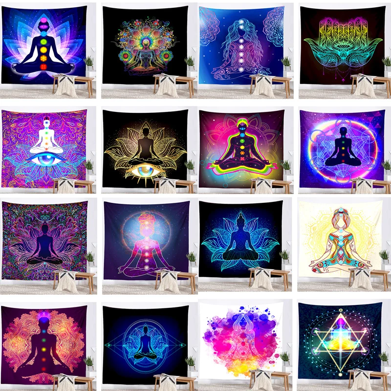 Buddha Statue Meditation 7 Chakra Tapestry Wall Hanging Mandala Tapestries Wall Cloth Psychedelic Yoga Wall Hanging