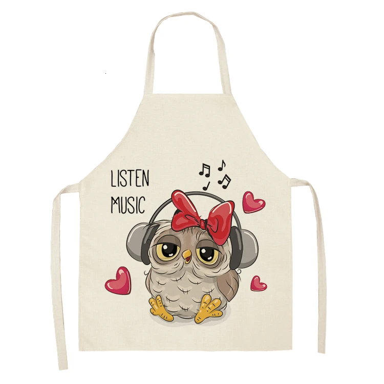 1Pcs Owl Sleeveless Chef Apron Cotton Linen Flower Printed Kitchen Brief Pinafore Women Home Cooking Baking Waist Bib