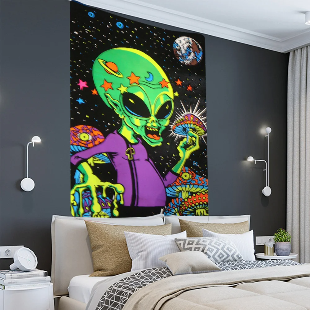 Alien Black Tapestry Cartoon Illustration Hippie Art Mushroom Eye Wall Hanging Tapestries for Living Room Home Dorm Decor Cloth