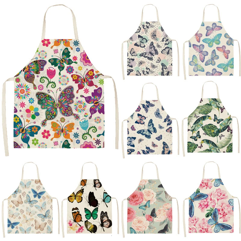1PC Cotton Baking Waist Bib Linen Flower Butterfly Printed Kitchen Sleeveless Chef Apron Women Home Cooking Pinafore
