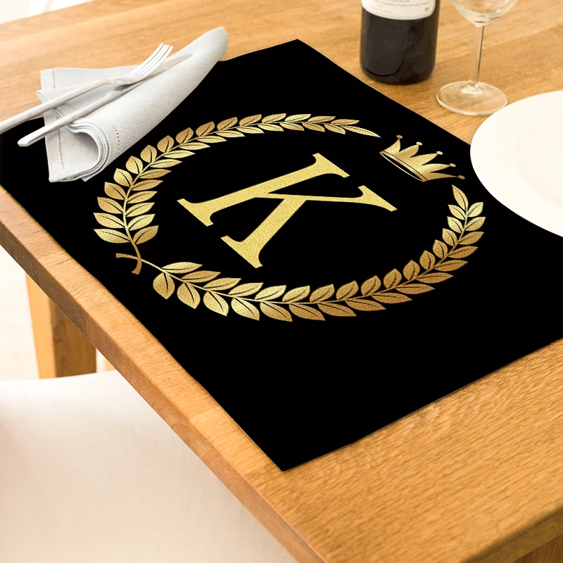 Home Decor Black Gold Letter Printing Linen Placemat for Dining Table Drink Coaster Home Decoration Modern Kitchen Cup Pads