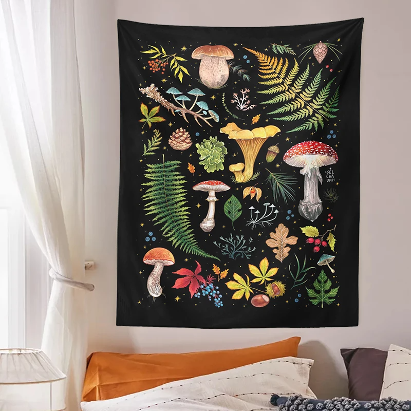 Mushroom Tapestry Botanical Wall Hanging Mushroom Chart Boho Vertical Aesthetic Tapestries for Bedroom Living Room Decor
