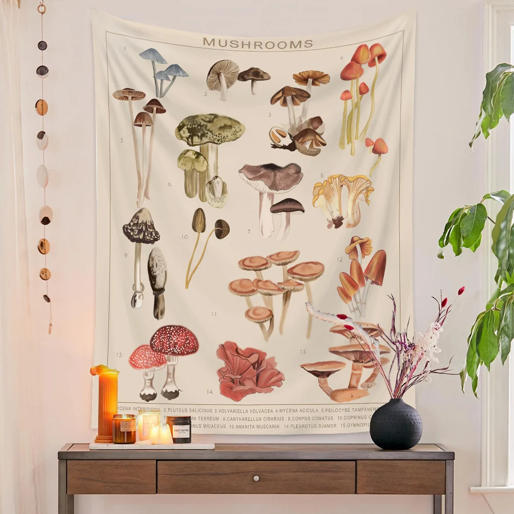 Botanical Print Floral Tapestry Wall Hanging Mushroom Tapestry Vintage Boho Wildflower Vegetable Tapestry Colorful Home Decor