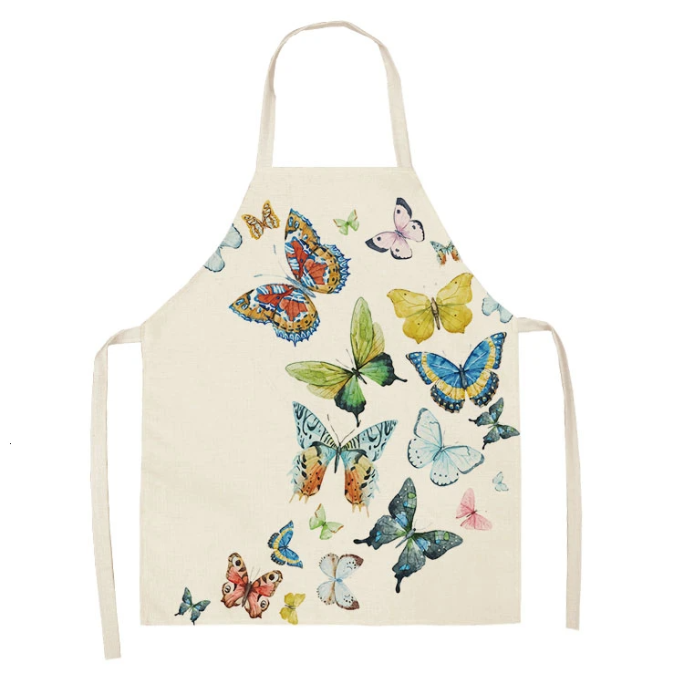 1PC Cotton Baking Waist Bib Linen Flower Butterfly Printed Kitchen Sleeveless Chef Apron Women Home Cooking Pinafore