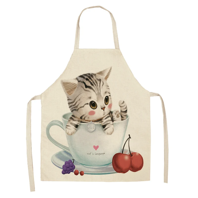 Chef Kitchen Apron for Woman Cute Cartoon Cat Printed Sleeveless Cotton Linen Aprons For Cooking Home Cleaning Tools