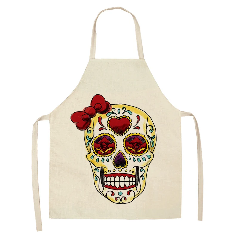 1Pcs Skull Pattern Kitchen Apron for Cooking Sleeveless Cotton Linen Aprons Adult Bibs Home Cleaning Accessories
