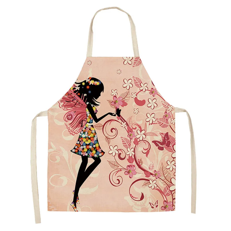 1Pc Cotton Linen Flower Butterfly Girl Printed Kitchen Aprons for Women Home Cooking Baking Waist Bib Pinafore