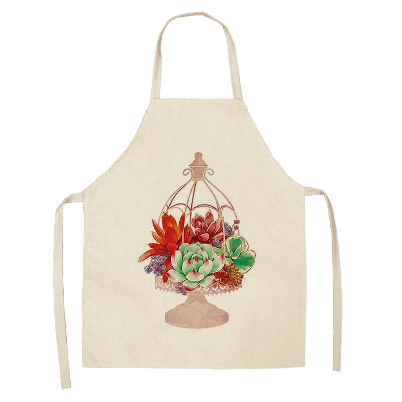 1Pc Tropical Plants Cactus Kitchen Chef Apron for Women Home Cooking Baking Coffee Shop Cotton Linen Cleaning Aprons