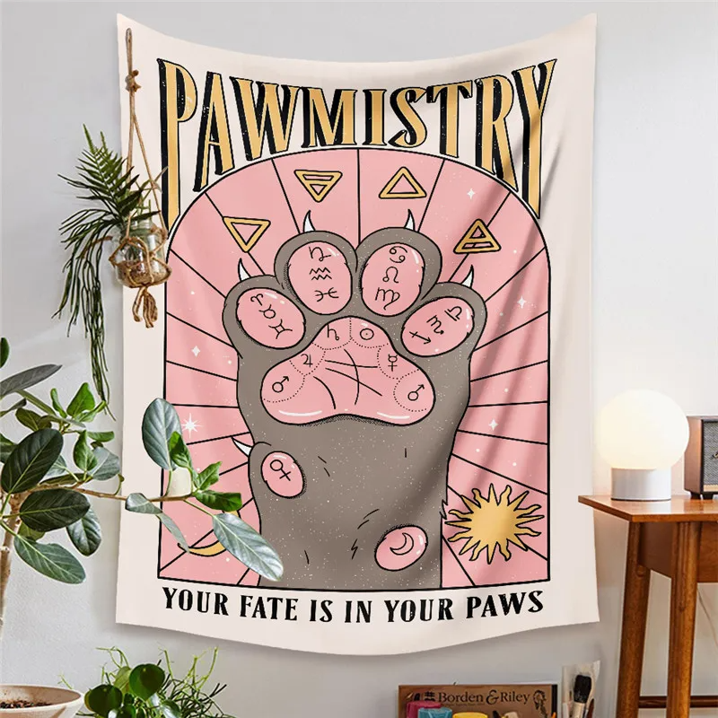 Kawaii Tarot Cat Cute Wall Hanging Tapestry Decorative Cat Paws Tarot Art Blanket Curtain Hanging Home Bedroom Living Room Decor