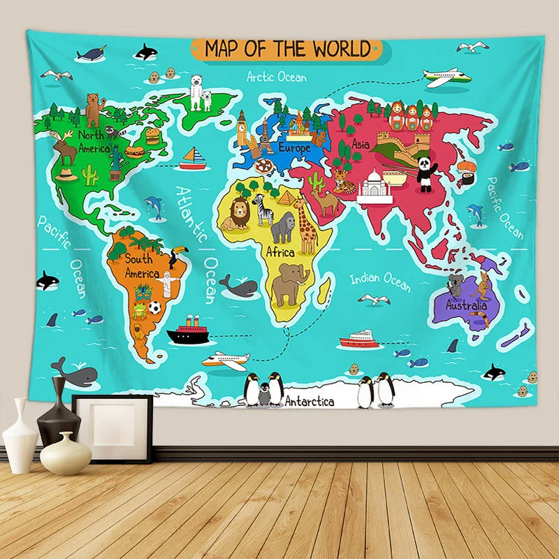 Animals World Map Tapestry Wall Hanging Large Kids Educational Landmarks World Map Tapestry Kindergarten Children's Room Decor