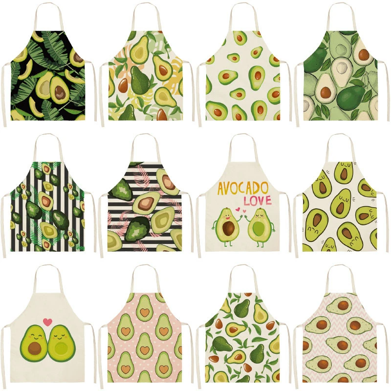 1PC Cotton Linen Apron Avocado Printed Kitchen Women Baking Waist Bib Home Cooking Brief Sleeveless Pinafore